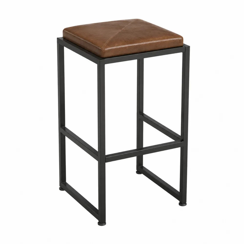 Taburete alto de metal con asiento de cuero sintético marrón 75 cm