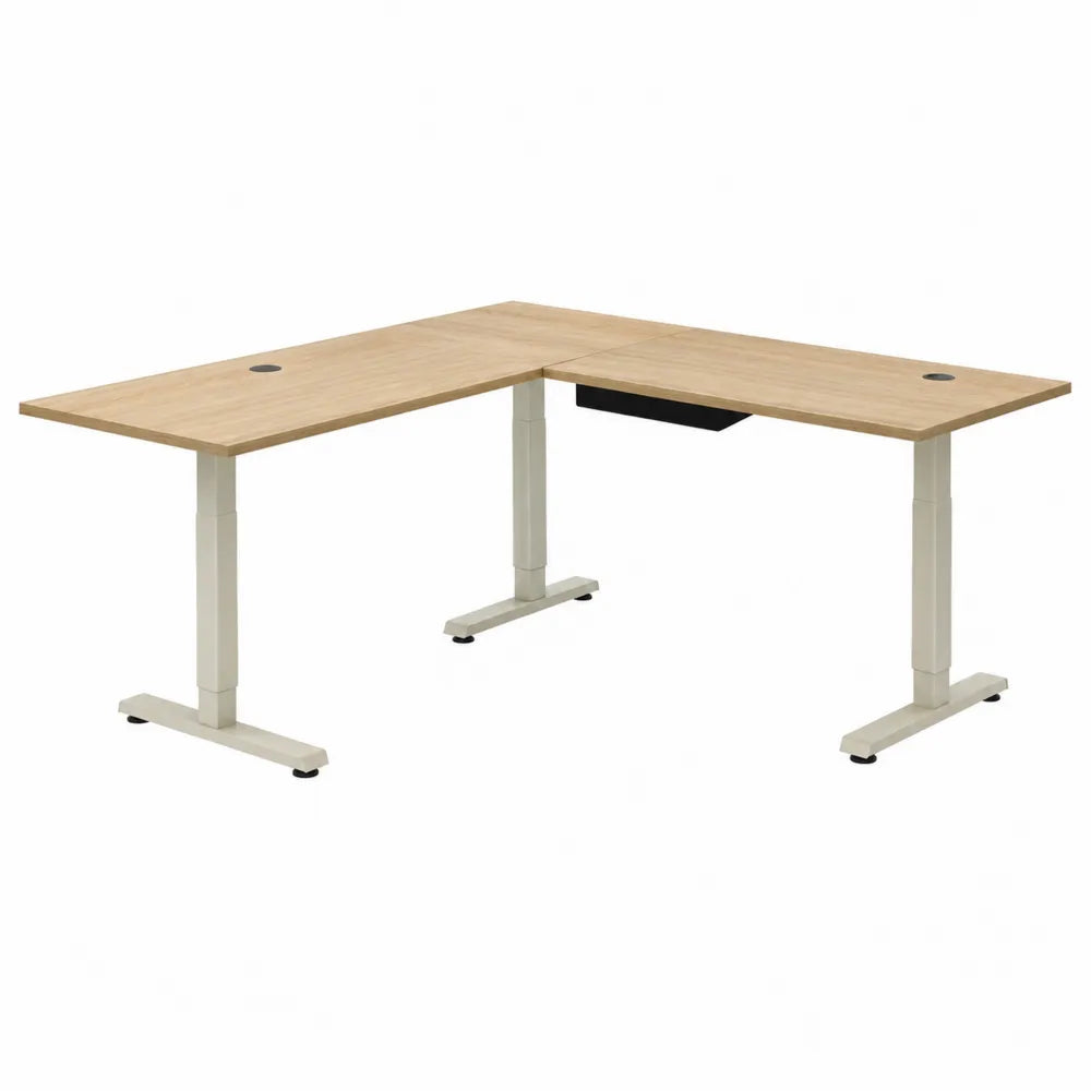 Escritorio de oficina en L ajustable altura, madera natural y metal, 160x120x75 cm