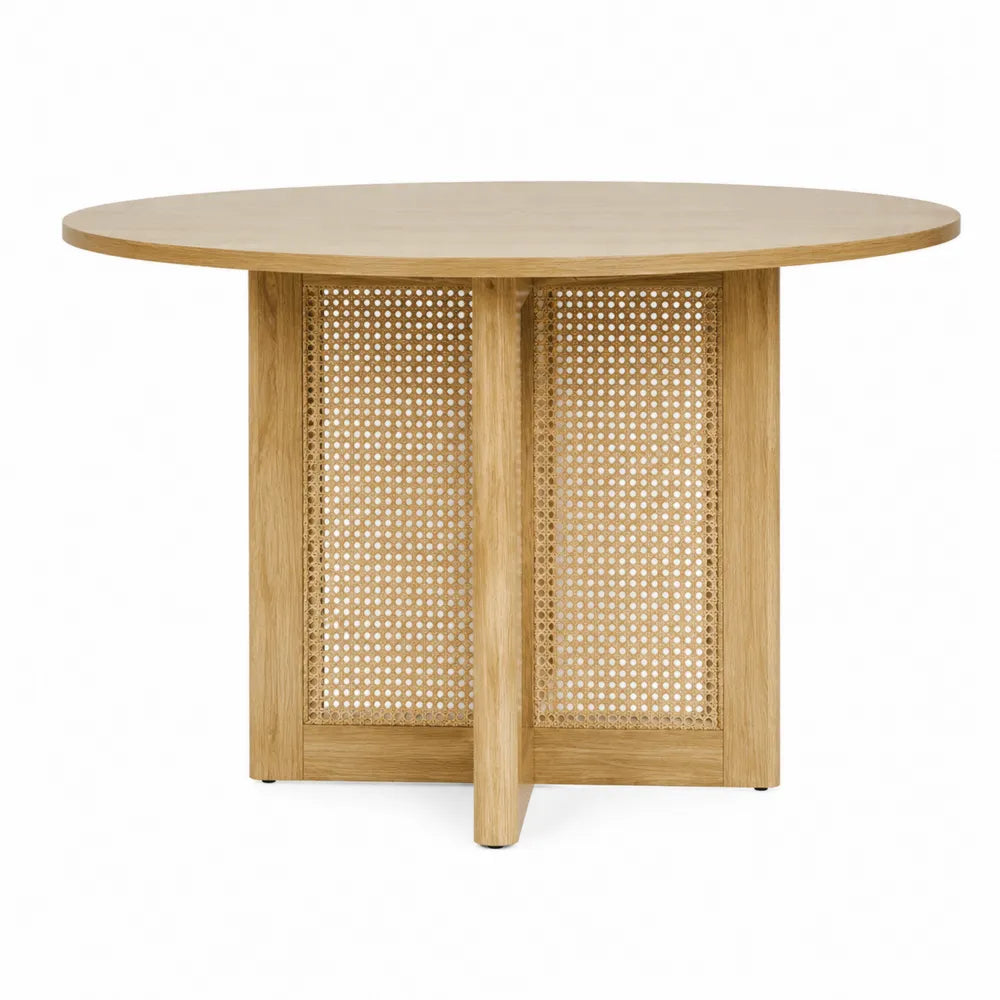 Mesa de comedor redonda de roble y rejilla de mimbre, diámetro 120 cm