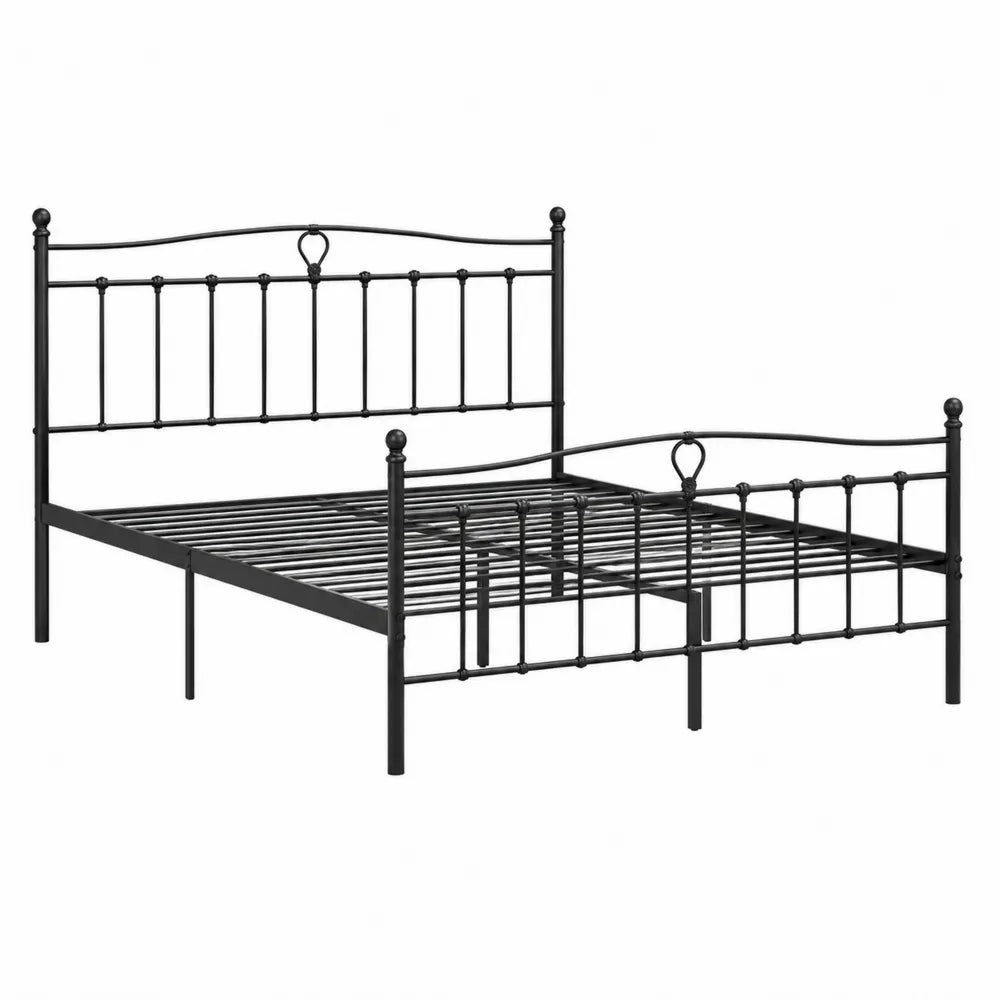 Cama doble de metal negro con detalles decorativos