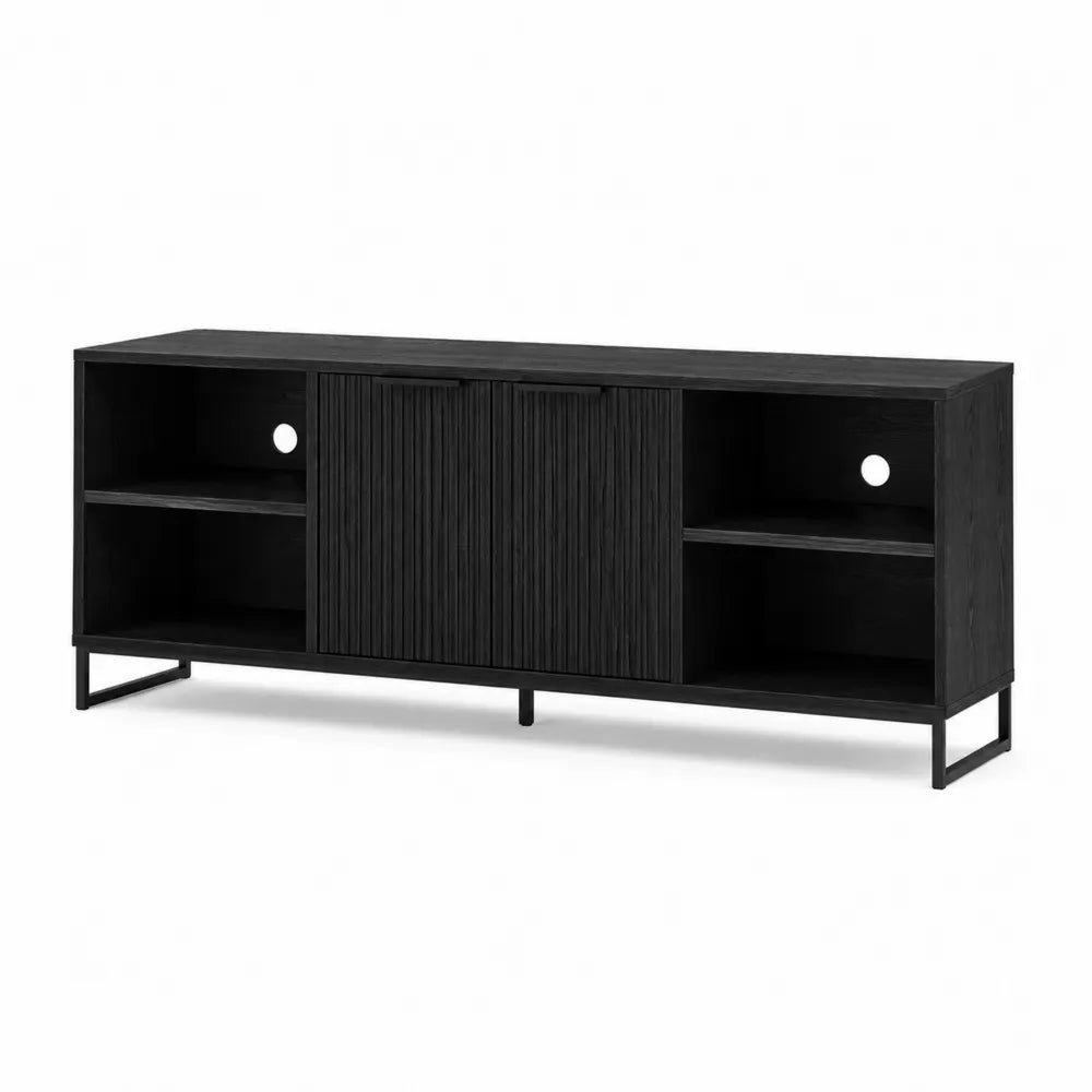 Mueble de TV con Madera y Metal Negro, Puertas Correderas