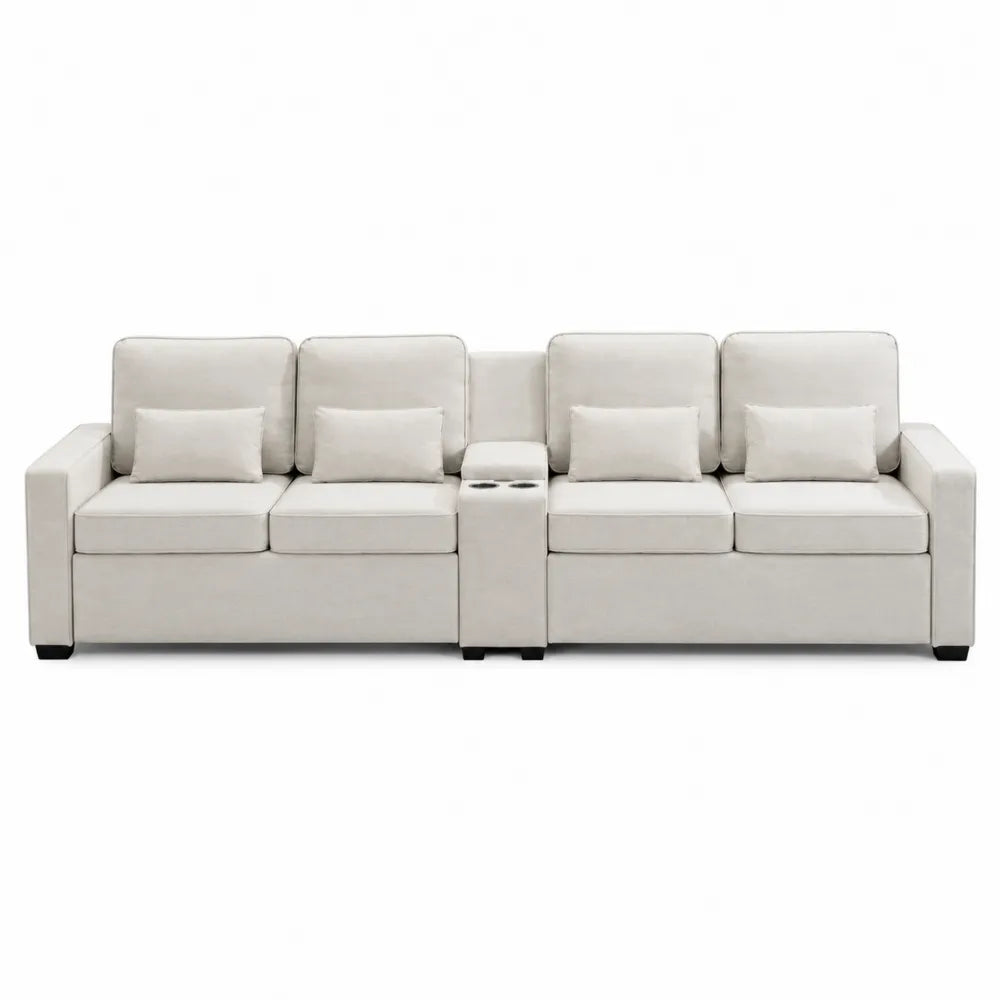 Sofá modular 3 plazas beige con cojines y portavasos, 220cm, poliéster y patas de madera