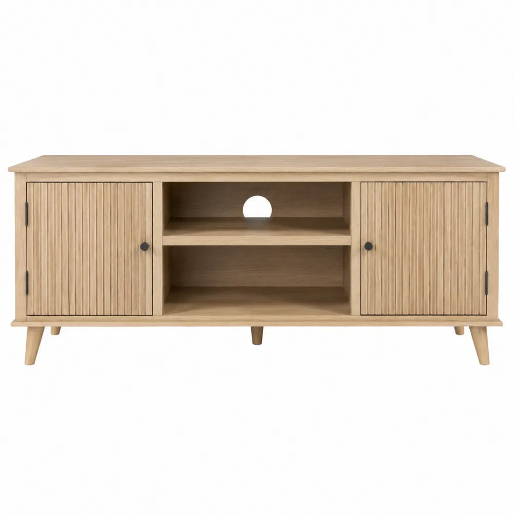 Mueble de TV de madera de roble con puertas y estantes