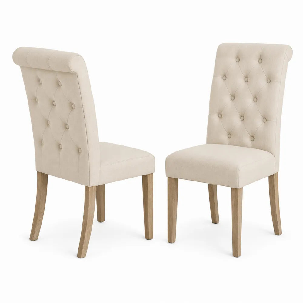Conjunto de 2 sillas de comedor tapizadas en lino beige con patas de madera