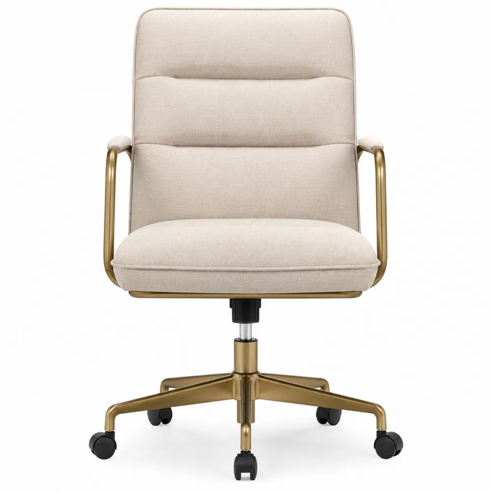 Silla de oficina beige con estructura metálica dorada y ruedas