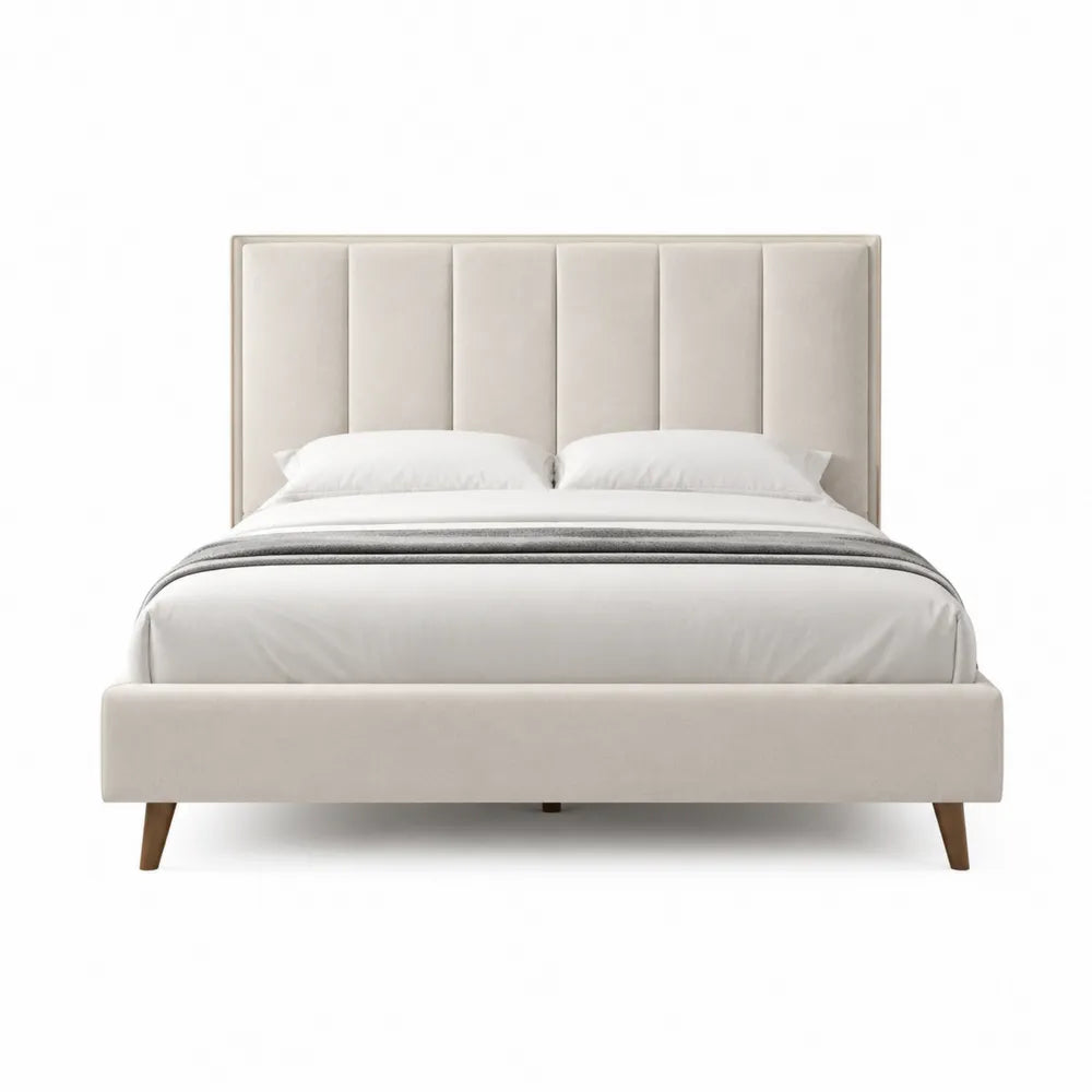 Cama beige tapizada con cabecero de tela de poliéster