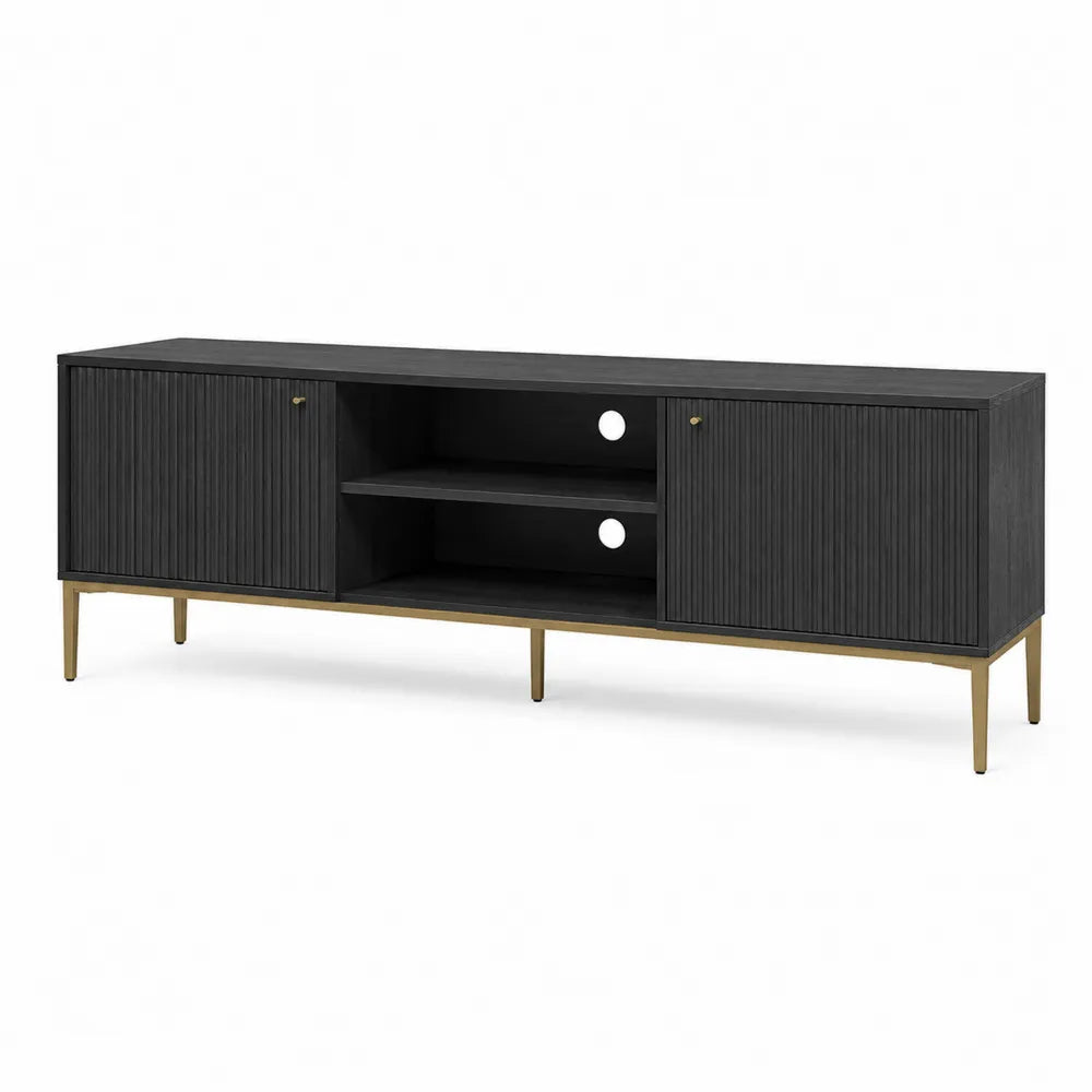 Mueble de televisión de madera MDF negra con patas de metal dorado
