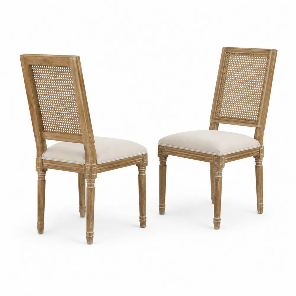 Set de 2 sillas de comedor de roble con respaldo de mimbre y asiento de lino