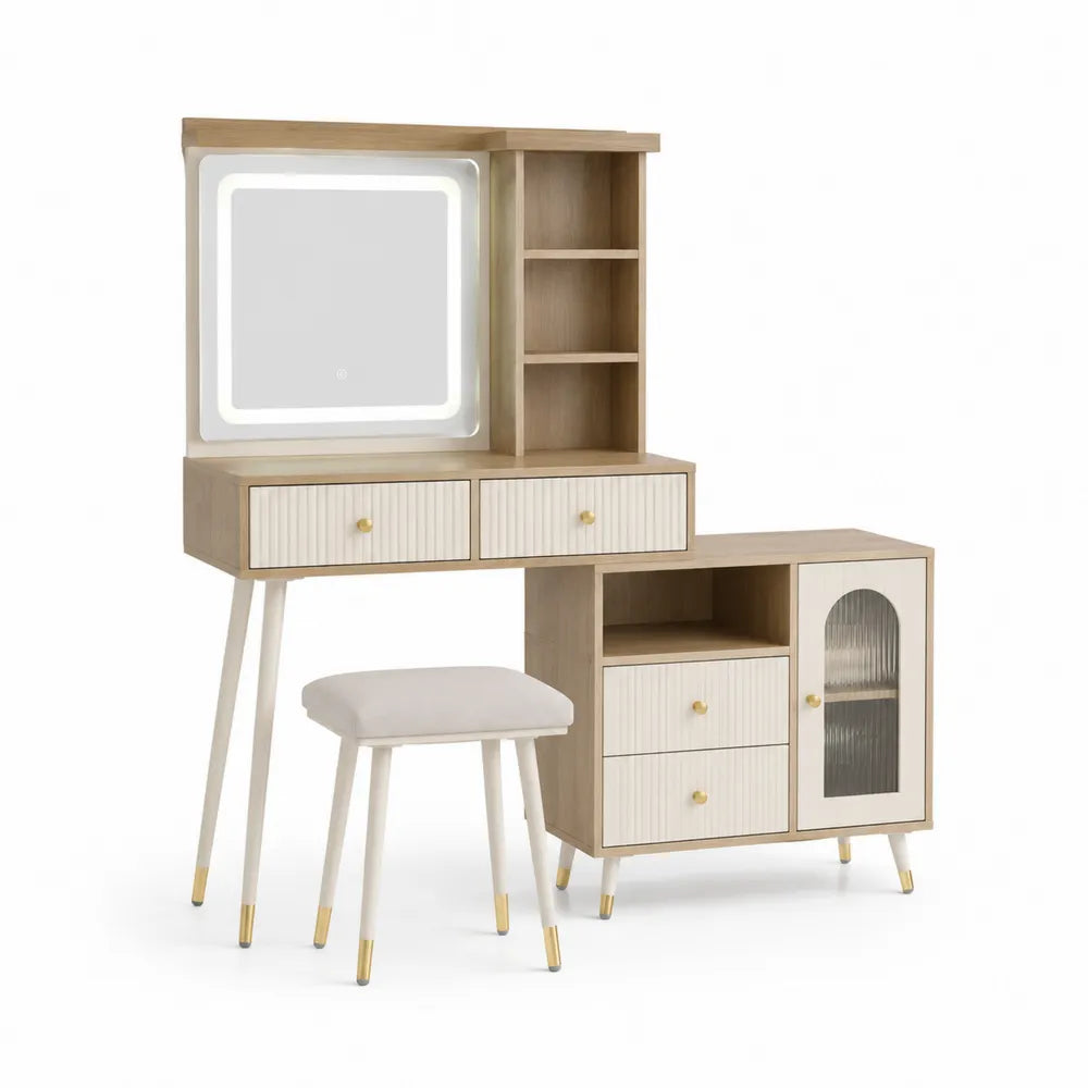 Tocador de Madera y Metal con Espejo LED y Taburete, Beige y Blanco