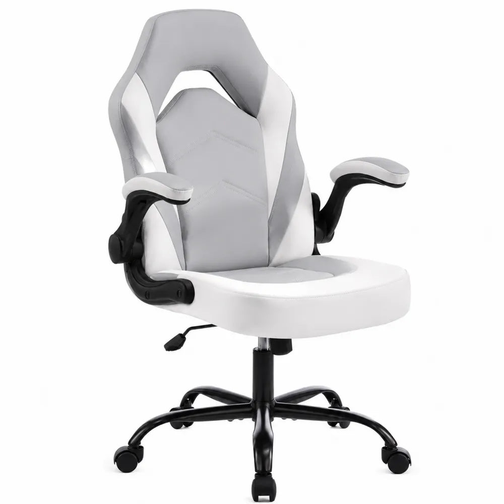 Silla giratoria de escritorio en cuero sintético gris y blanco con reposabrazos ajustables