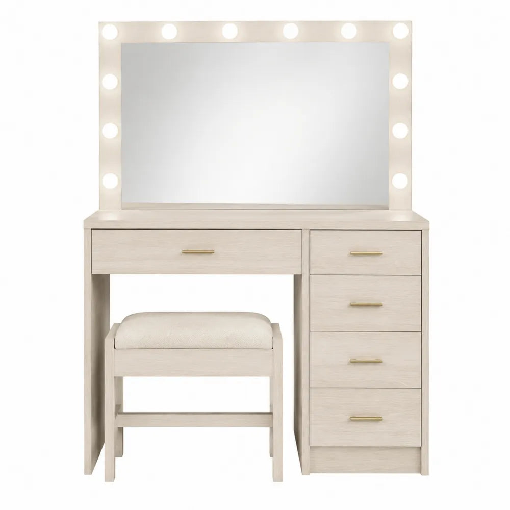 Tocador de Madera Blanca con Espejo Iluminado y Taburete