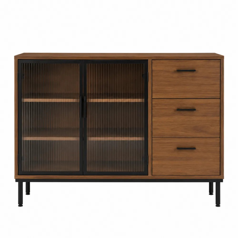 Aparador de Madera con Vidrio Templado Estriado y Cajones