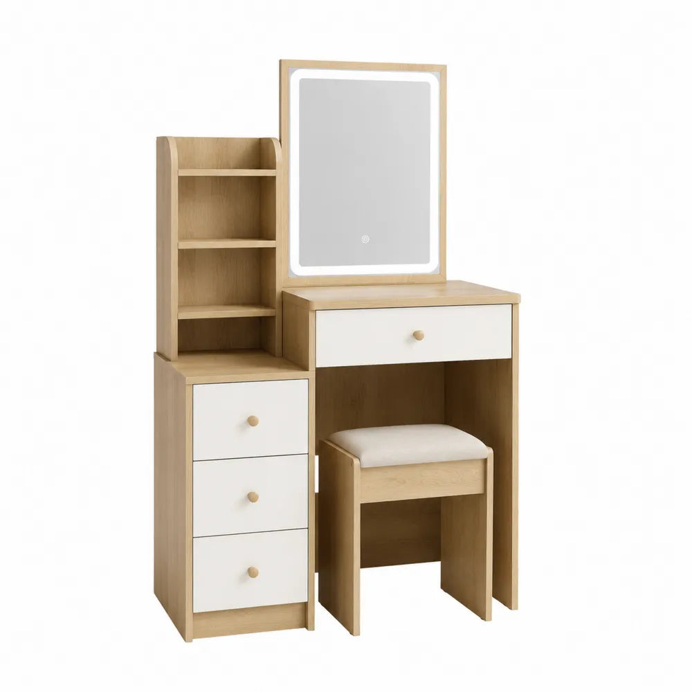 Tocador de madera con espejo LED y taburete, 80x40x135 cm