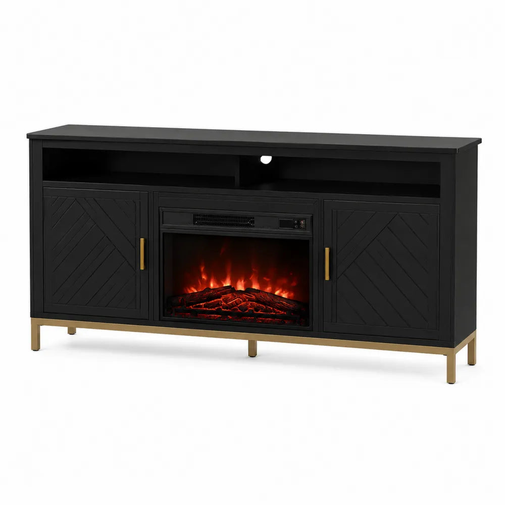 Mueble de TV con chimenea eléctrica de MDF y metal negro y dorado 120x45x75 cm