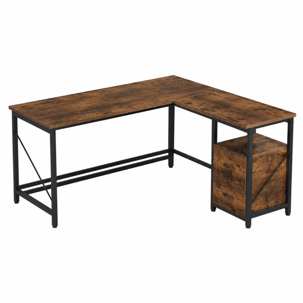 Escritorio en L de aglomerado y metal negro con cajonera 140x130x75 cm