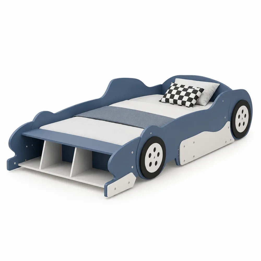Cama infantil en forma de coche de MDF azul con almacenamiento