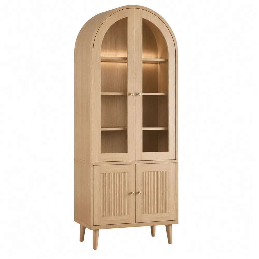 Vitrina de madera de roble con puertas de vidrio arqueadas, 180 cm de altura