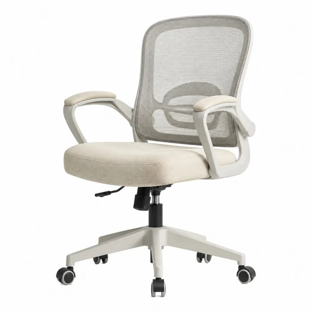 Silla de oficina giratoria de tela beige con respaldo de malla