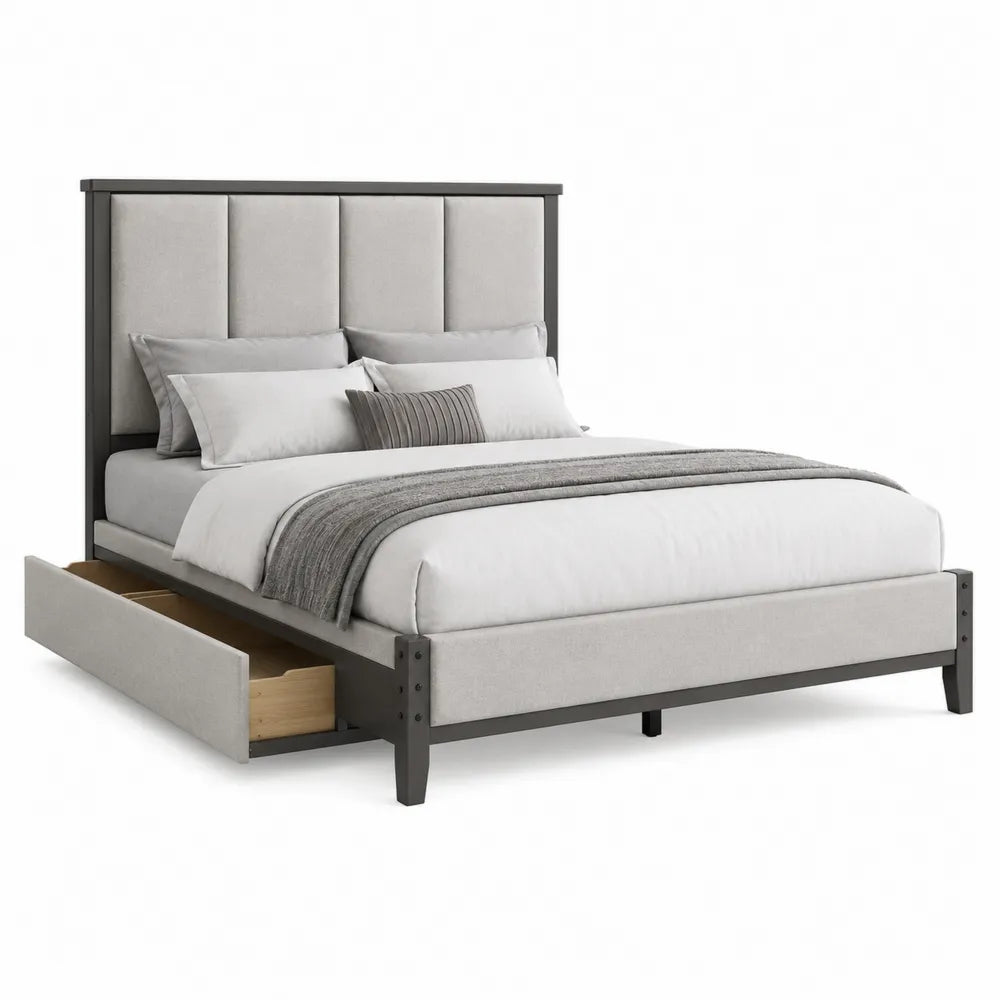 Cama doble de madera gris con cabecera tapizada y almacenamiento