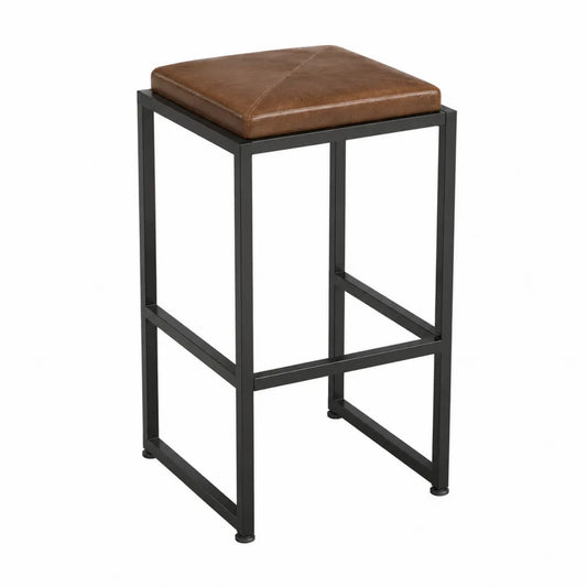 Taburete alto de metal con asiento de cuero sintético marrón 75 cm
