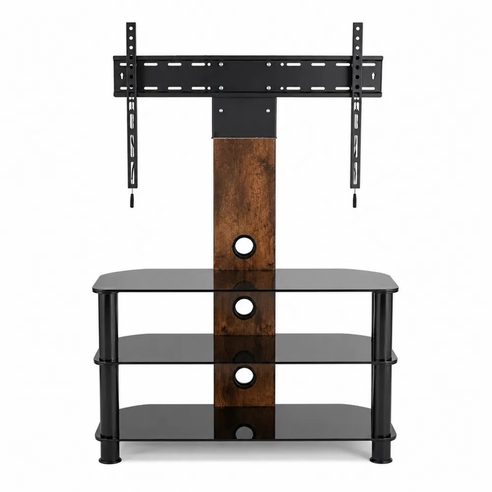 Soporte para TV con estantes de vidrio templado y panel de madera