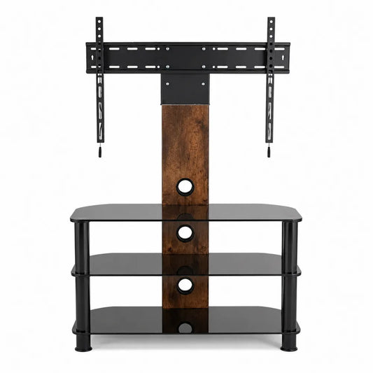 Soporte para TV con estantes de vidrio templado y panel de madera