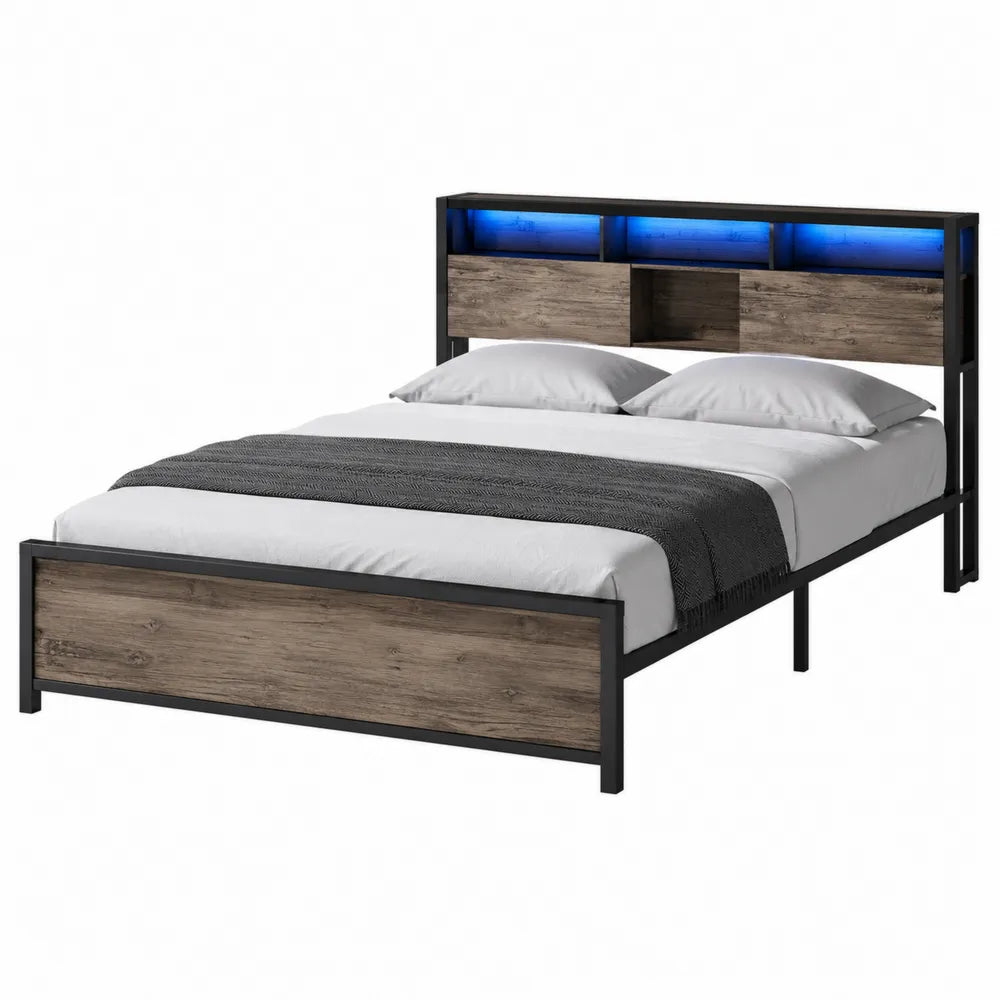Cama doble de madera contrachapada y metal con almacenamiento y luz LED, 200x180x100 cm, marrón/negro