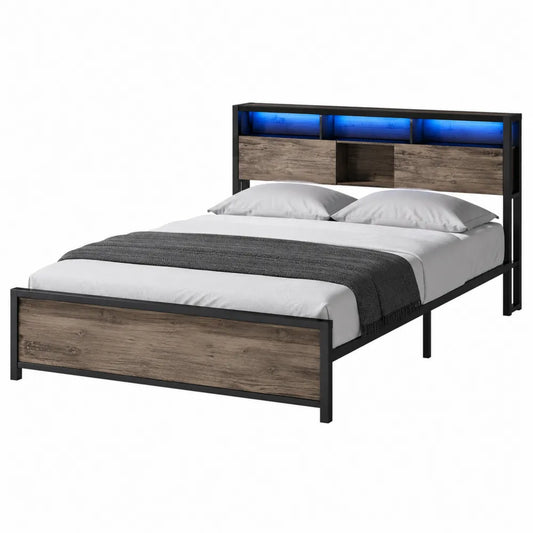 Cama doble de madera contrachapada y metal con almacenamiento y luz LED, 200x180x100 cm, marrón/negro