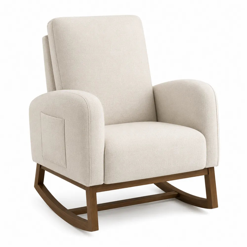 Silla mecedora de lino beige con estructura de madera maciza