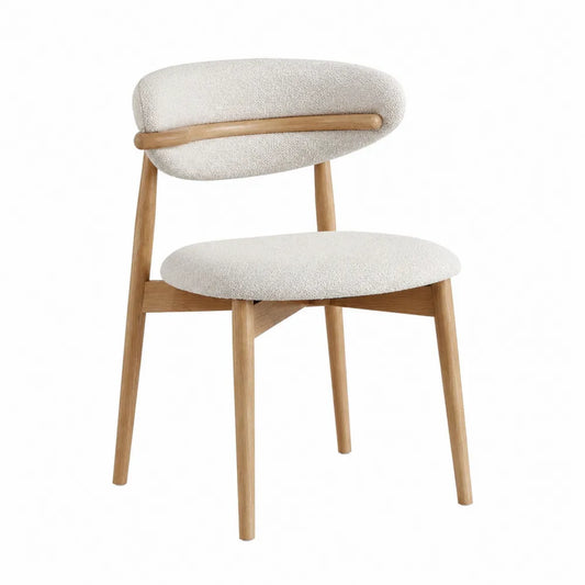Silla de comedor tapizada de poliéster beige con estructura de madera de roble