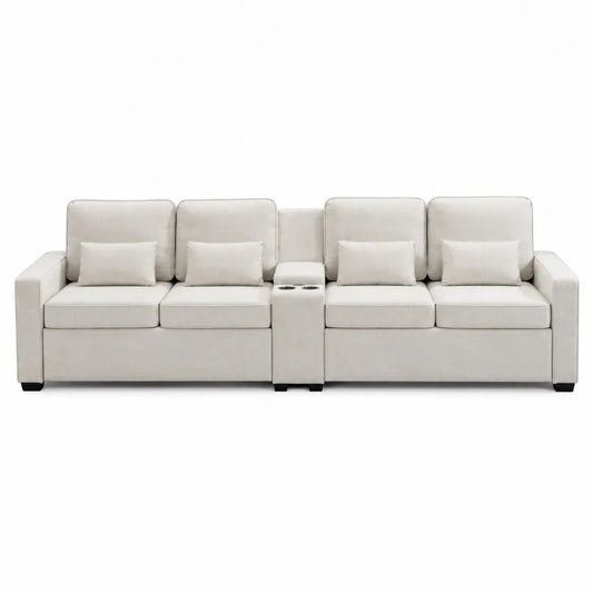 Sofá modular 3 plazas beige con cojines y portavasos, 220cm, poliéster y patas de madera