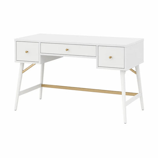 Escritorio de MDF blanco con detalles dorados y 3 cajones