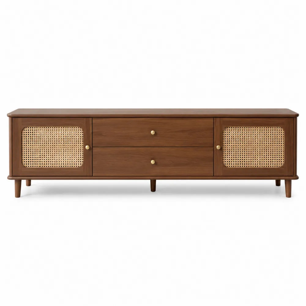 Mueble TV de madera con puertas de ratán