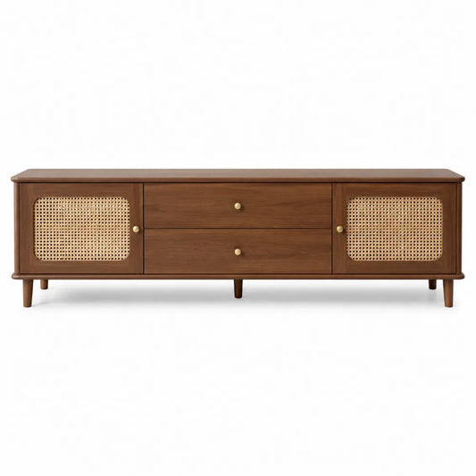 Mueble TV de madera con puertas de ratán