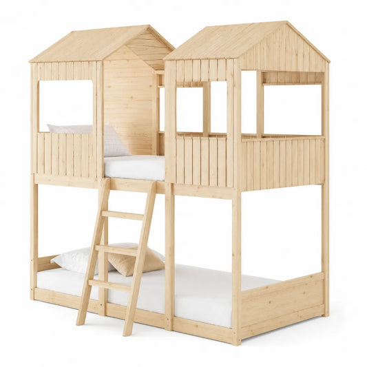 Litera de madera de pino en forma de casita con dos niveles