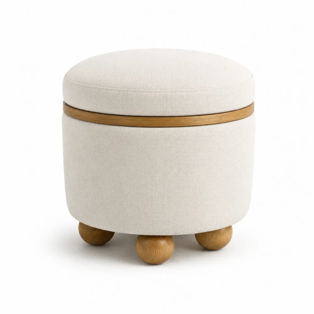 Puff redondo de tela beige con patas de roble