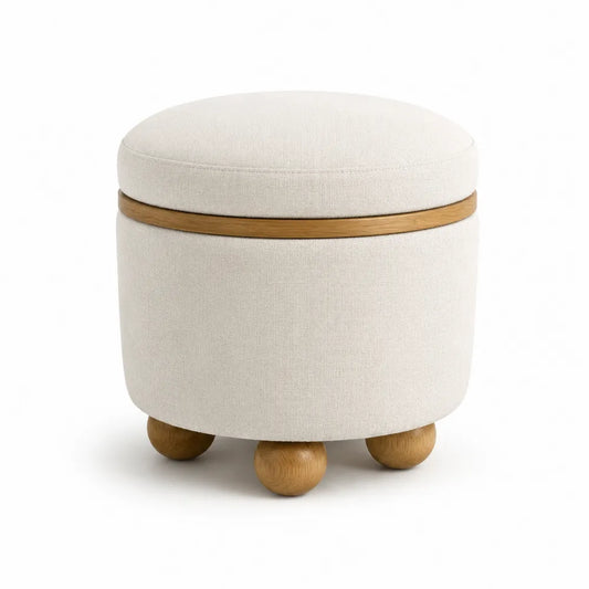 Puff redondo de tela beige con patas de roble