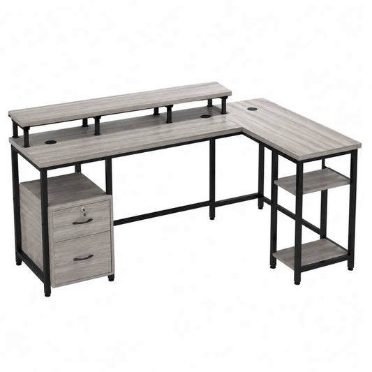 Escritorio en L de madera y metal con cajones y estantes gris