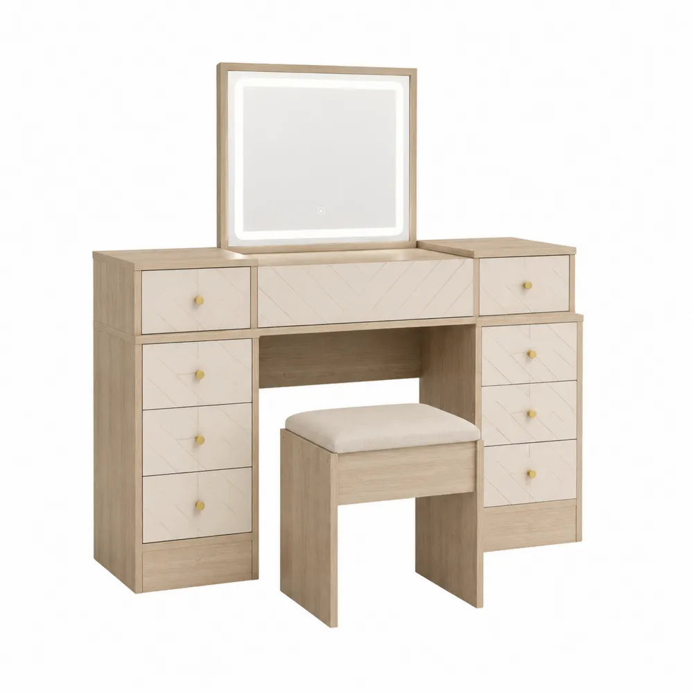 Conjunto de Tocador de Madera con Espejo LED y Taburete