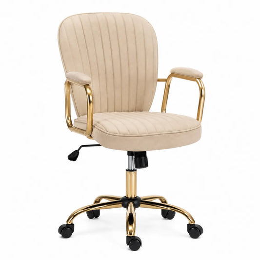 Silla giratoria de oficina con terciopelo beige y estructura dorada