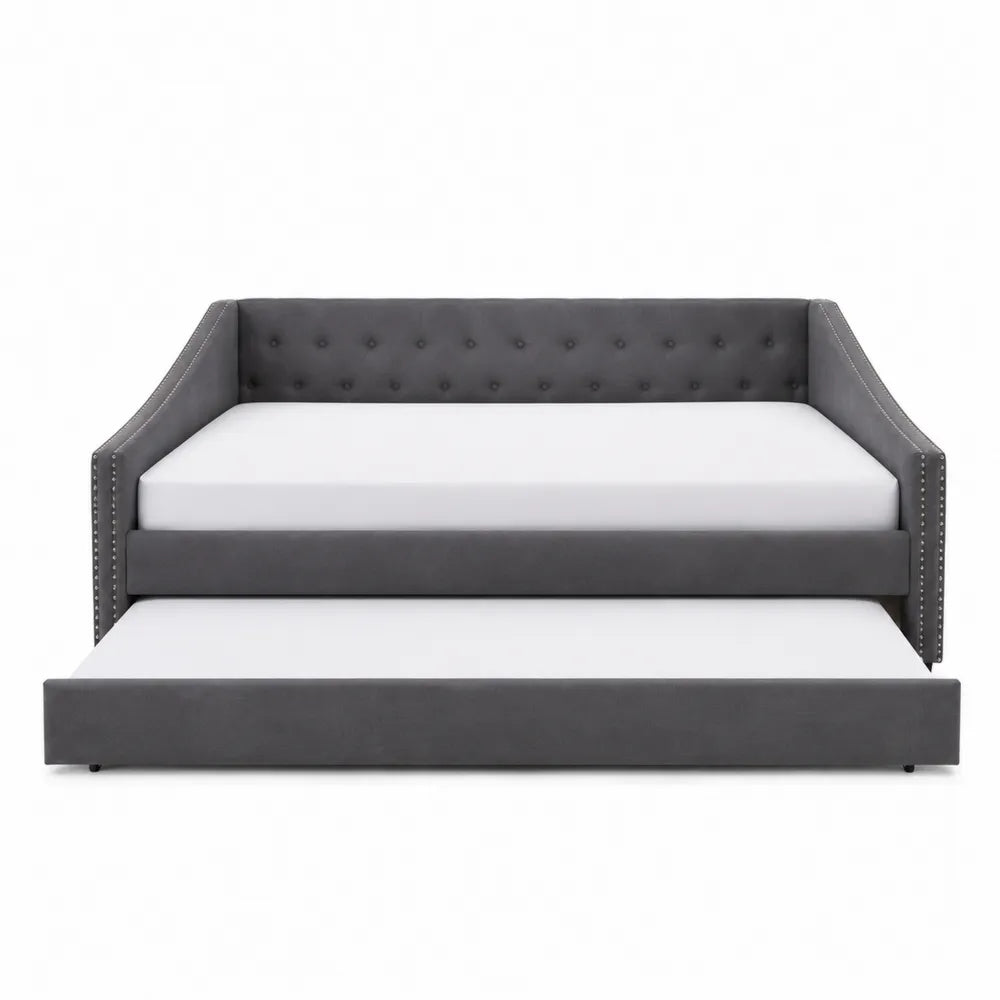 Cama nido tapizada en terciopelo gris con somier extraíble 200x90 cm