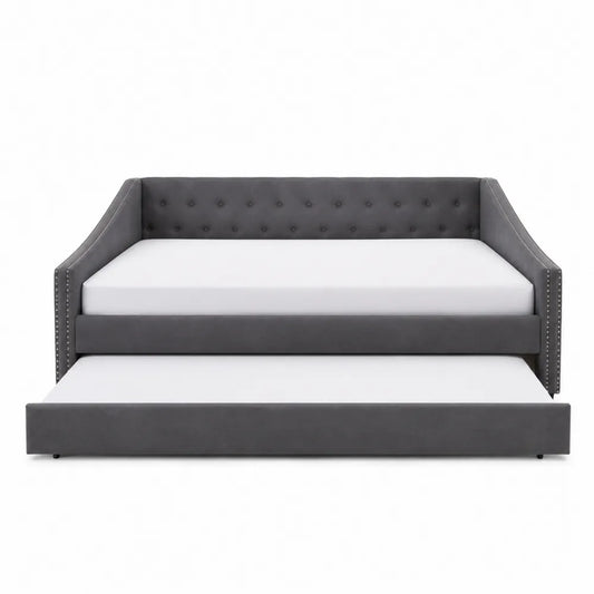Cama nido tapizada en terciopelo gris con somier extraíble 200x90 cm
