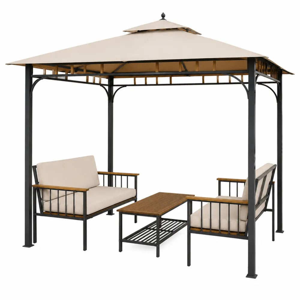 Pabellón y Muebles de Jardín de Acero y Poliéster Negro y Beige