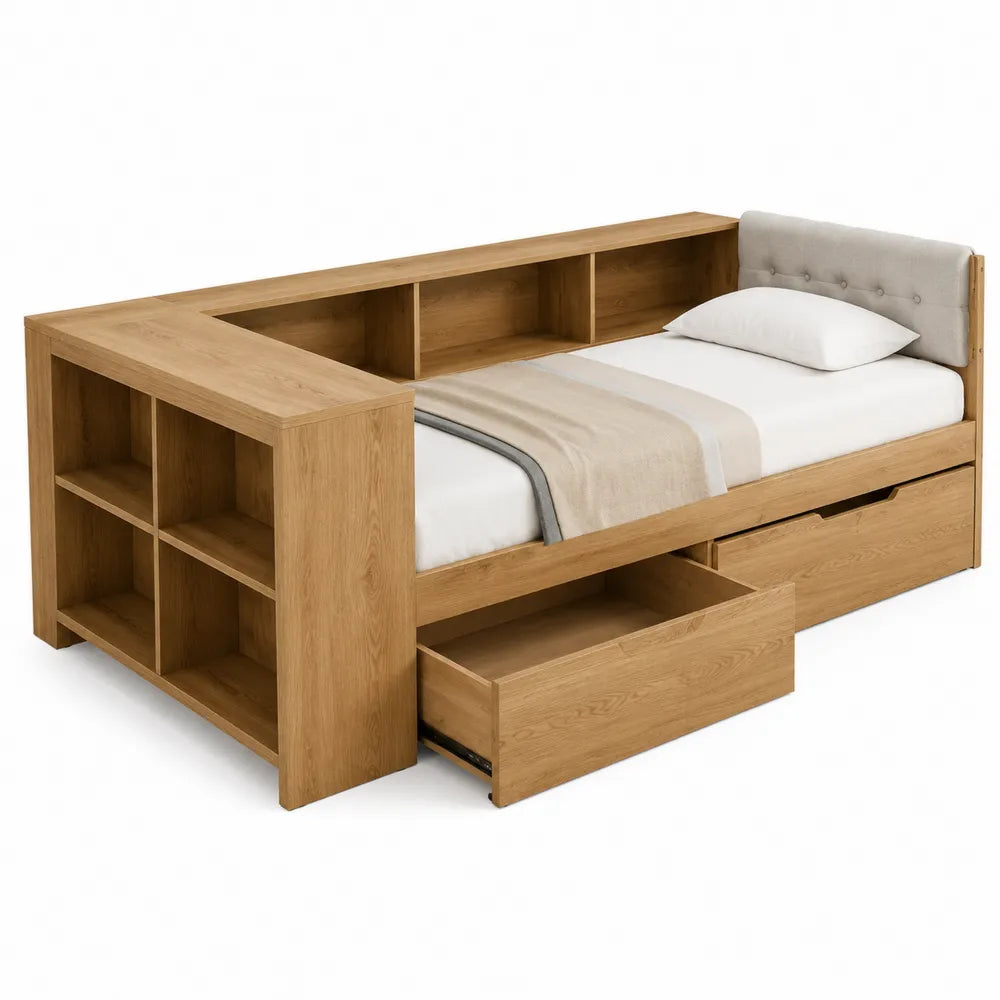 Cama individual de madera con estantería y cajones 200x100x90 cm