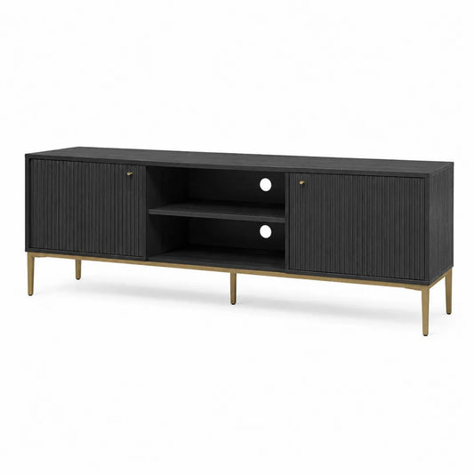 Mueble de televisión de madera MDF negra con patas de metal dorado