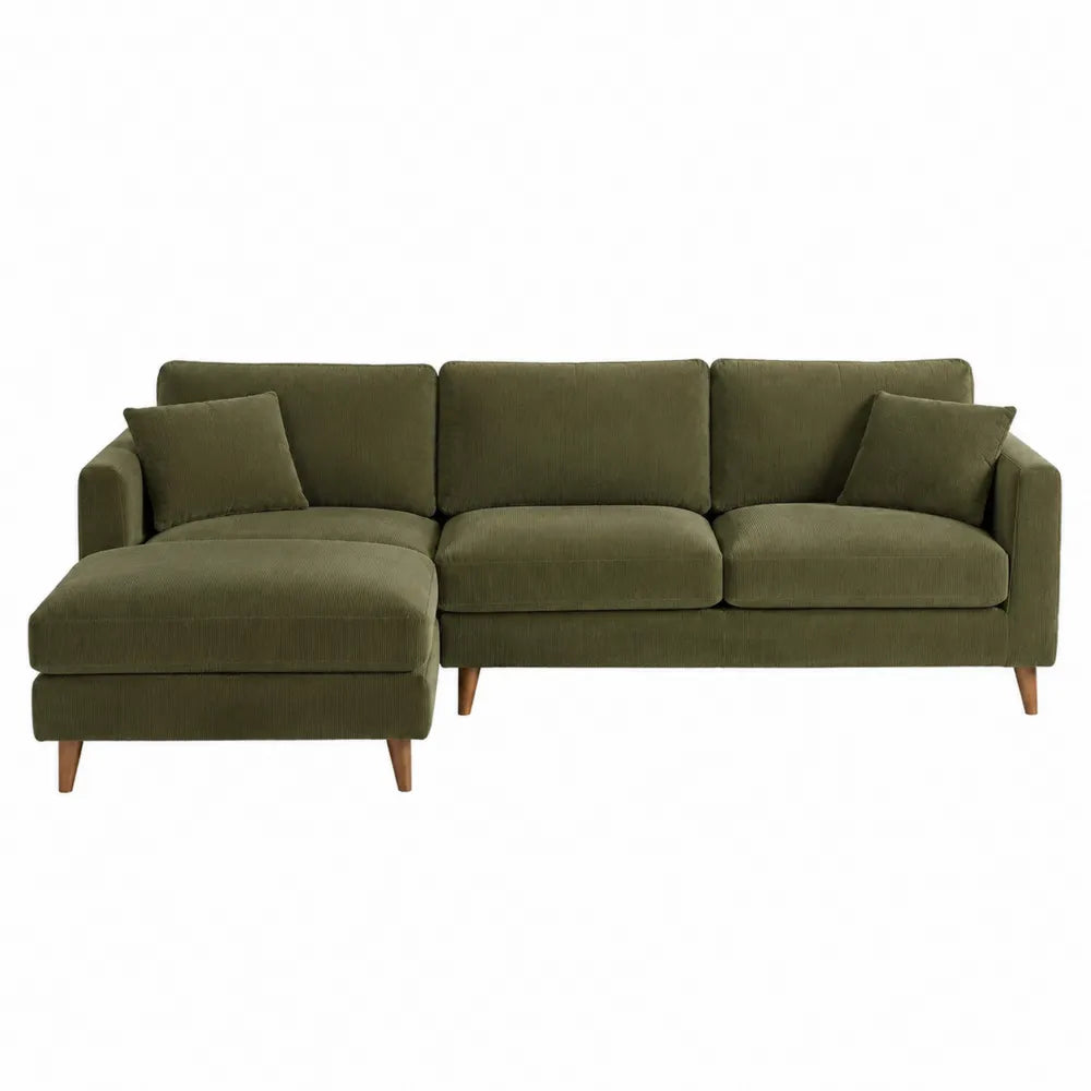 Sofá Seccional de Trama Verde Oliva con Chaise Longue y Patas de Madera