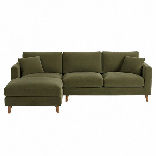 Sofá Seccional de Trama Verde Oliva con Chaise Longue y Patas de Madera