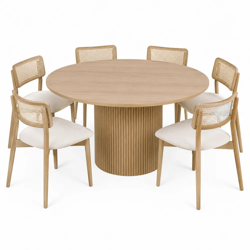 Juego de comedor de madera y ratán con 6 sillas, roble claro y tejido crema
