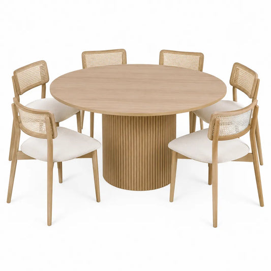 Juego de comedor de madera y ratán con 6 sillas, roble claro y tejido crema