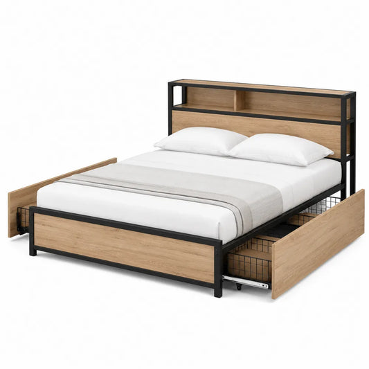 Cama de metal y MDF con almacenamiento en madera clara 200x160 cm